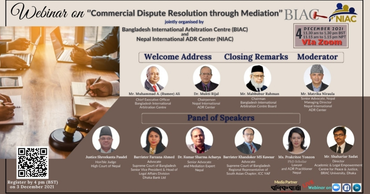 Experts from Nepal and Bangladesh to deliberate virtually on 4 December 2021 about ‘Commercial Dispute Resolution through Mediation’